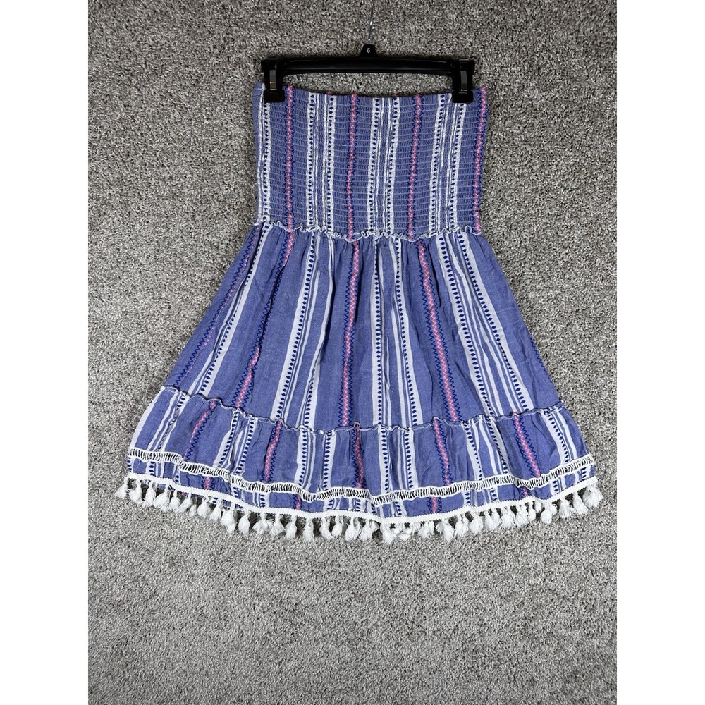 Blue Island Strapless Smocked Tassel Hem Dress Boho Stripe Medium